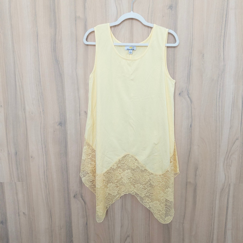 Kathleen Kirkwood‎ Womens Lace Tunic Top L Butter Yellow Cottage Pastel Layering